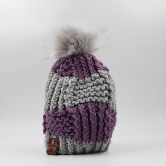 Handmade Hand Knit Purple Box Stitch Knit Hat Removable Pompom for Kids 6/10 y - Picture 1 of 3